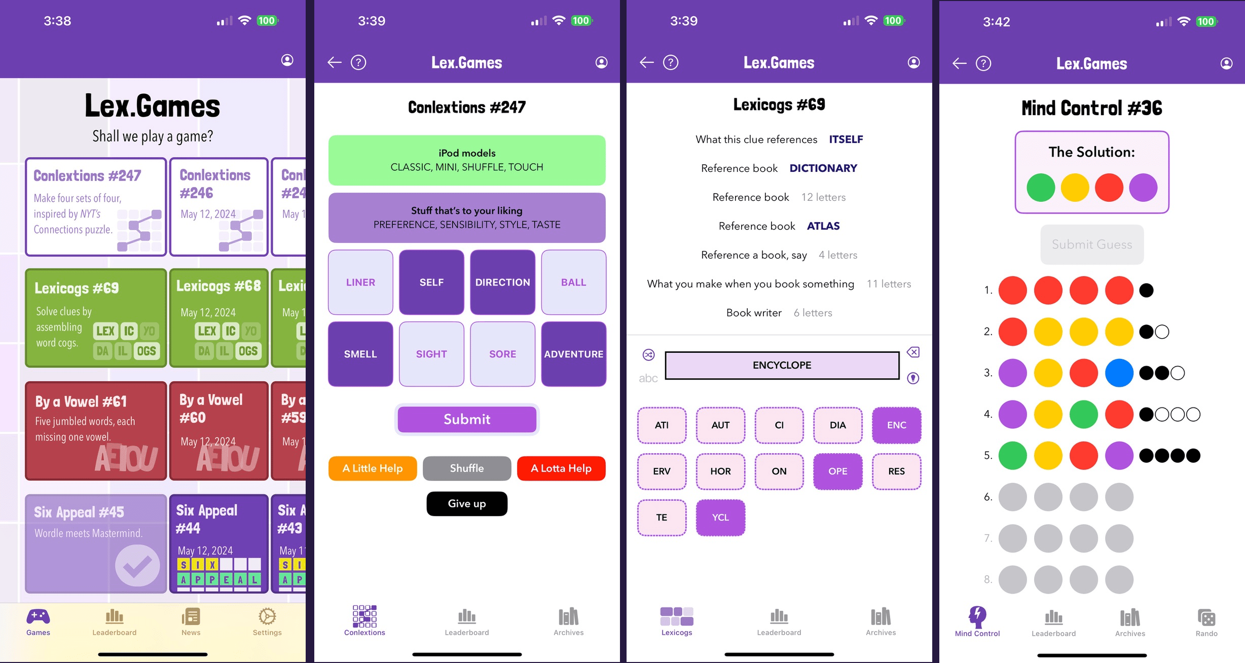 Screenshots of Lex.Games on the app store