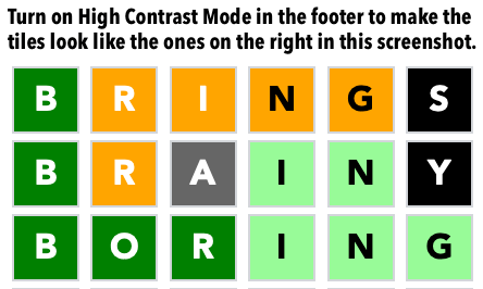 Screenshot of the game showing tile colors and high contrast mode